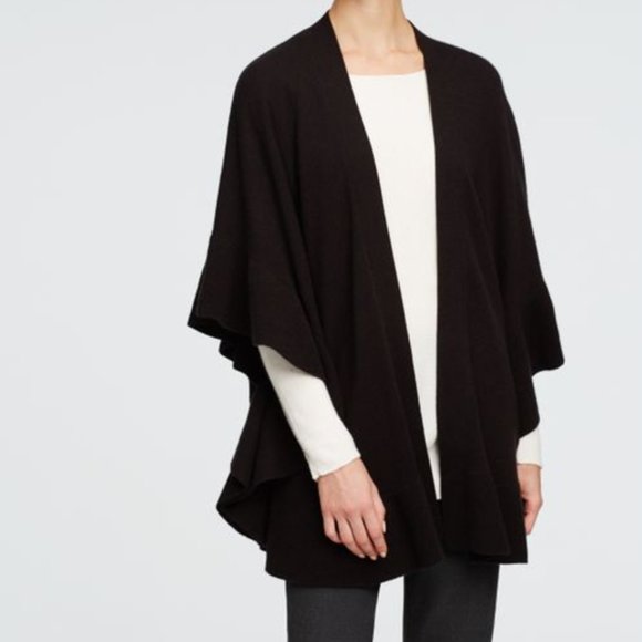 NWT XS/S - Ann Taylor 100% Cashmere Ruffle Sleeve Cape - Black $278 - Picture 1 of 9